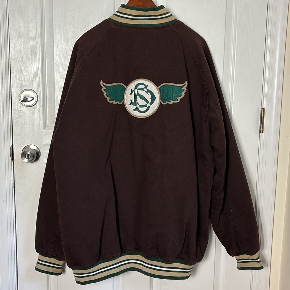 Stall & Dean brown varsity jacket size 5XL Logo wing patch on back bomber heavy